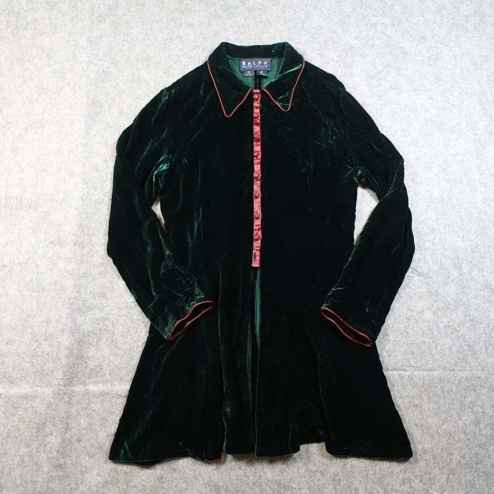 VTG Ralph Lauren Dress Girls‎ 12 Velvet Dark Green Red Trim Long Sleeve Holiday